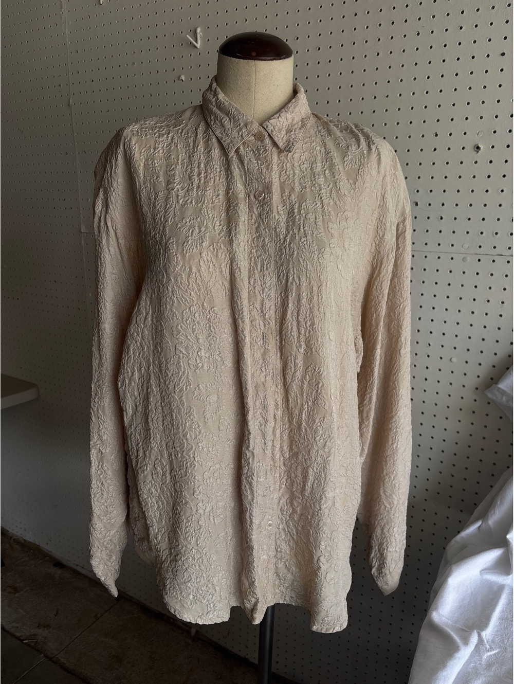 New York Women's Beige Textured Silk Button-Up Blouse Size M
